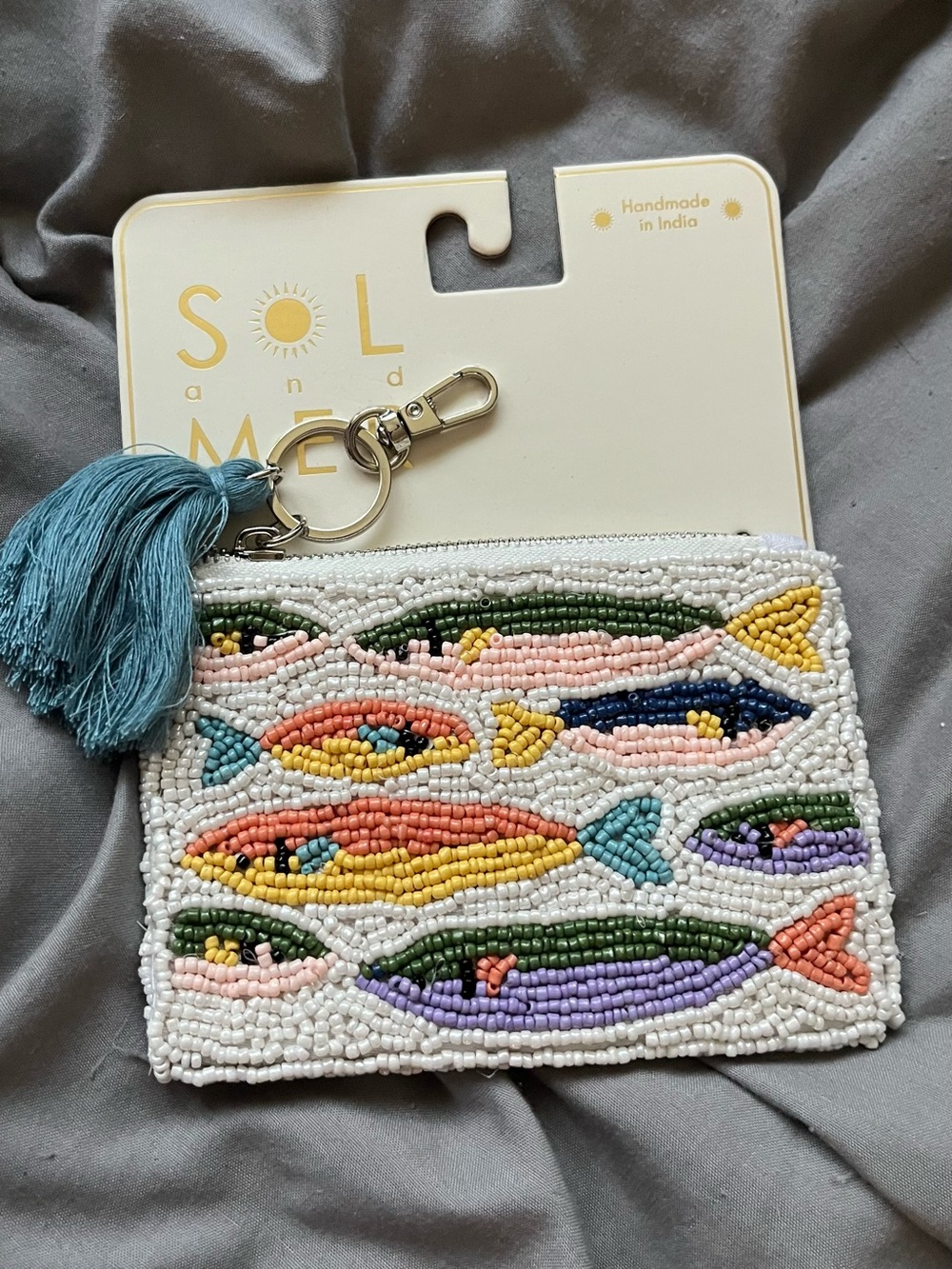 White Beaded Fish Coin Pouch with Blue Tassel